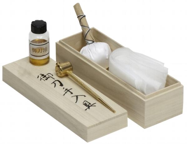 Care set for samurai swords in a decorative wooden box