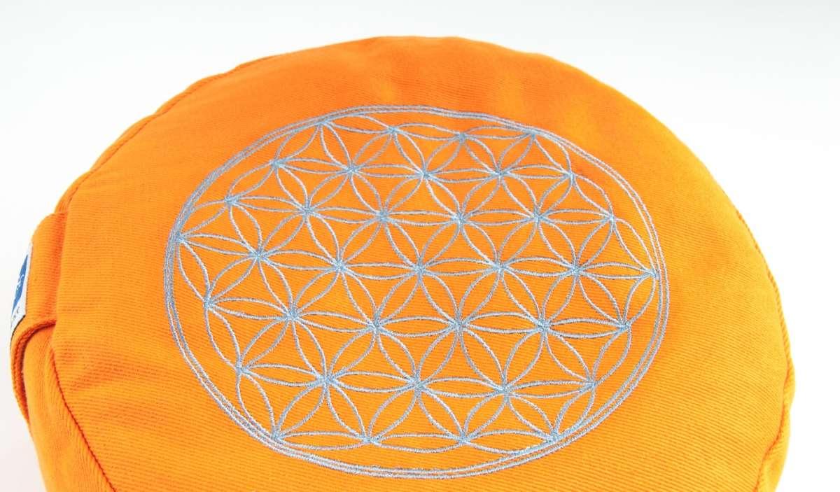 Comfortable meditation cushion Flower of Life - Orange buy online at www.bokken-shop.de ›Yoga cushion ✔ Embroidery ✔ Flower of life ✔ Your meditation specialist!