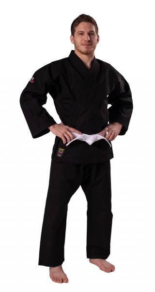 Ju Jutsu Anzug schwarz aus Baumwolle mit 14oz - 150 ► www.bokken-shop.de. Ideal für Bujinkan, NinJutsu, JuJutsu, Karate. Dein Budo-Fachhändler.