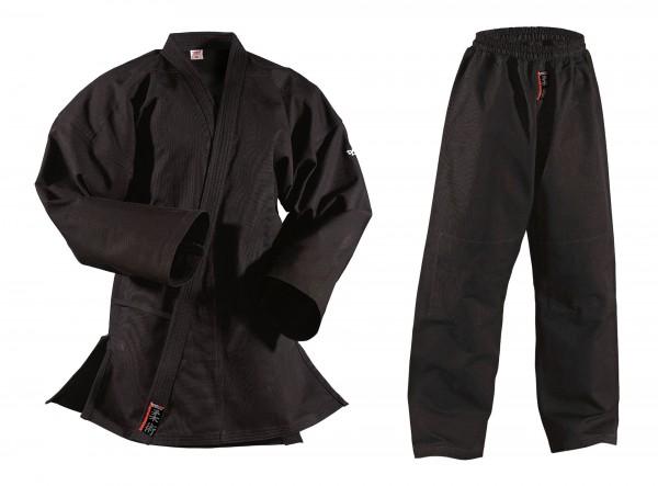 Ju Jutsu Anzug schwarz aus Baumwolle mit 14oz - 185 ► www.bokken-shop.de. Ideal für Bujinkan, NinJutsu, JuJutsu, Karate. Dein Budo-Fachhändler.