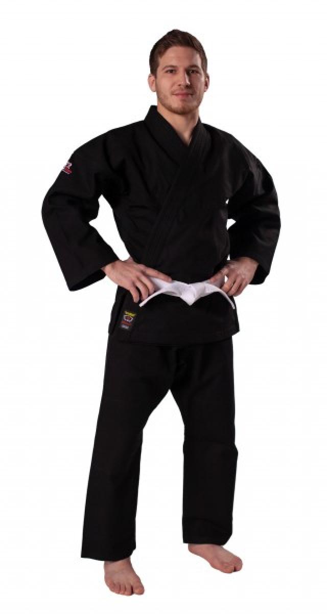 Ju Jutsu Anzug schwarz aus Baumwolle mit 14oz - 150 ► www.bokken-shop.de. Ideal für Bujinkan, NinJutsu, JuJutsu, Karate. Dein Budo-Fachhändler.