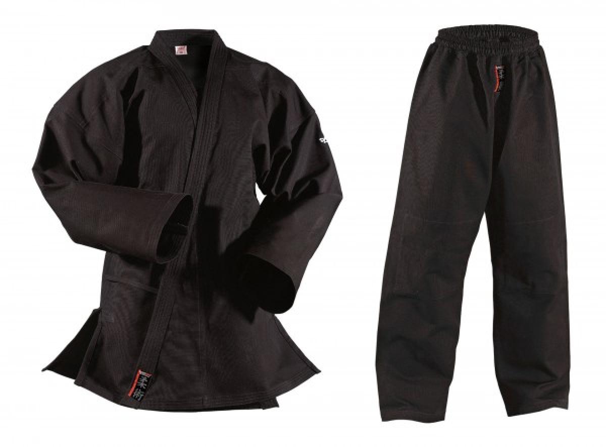 Ju Jutsu Anzug schwarz aus Baumwolle mit 14oz - 185 ► www.bokken-shop.de. Ideal für Bujinkan, NinJutsu, JuJutsu, Karate. Dein Budo-Fachhändler.